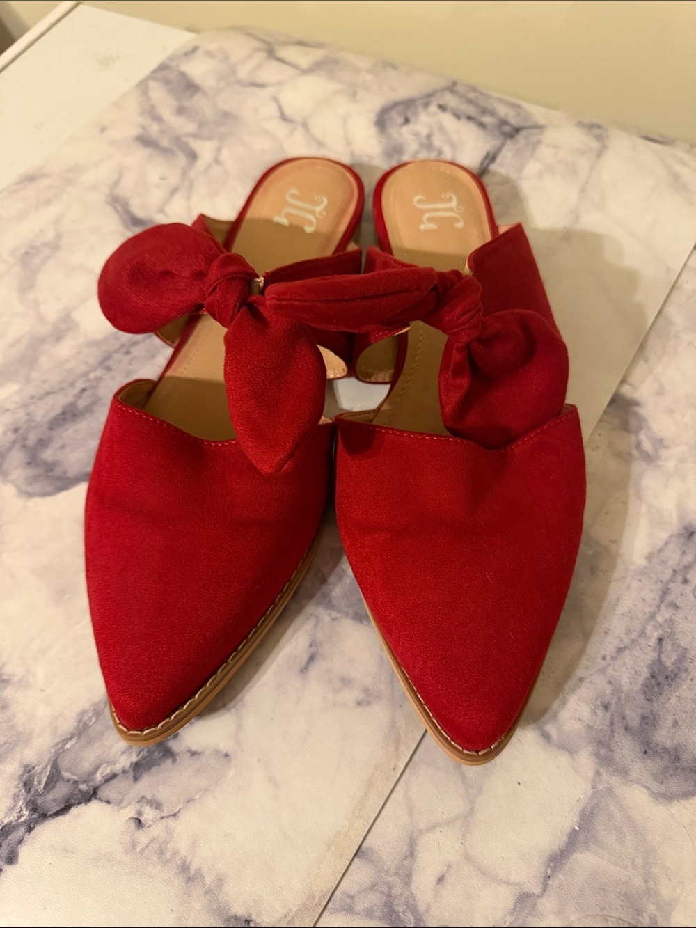 Pointed Red Knot-Accent Slip-On Mules